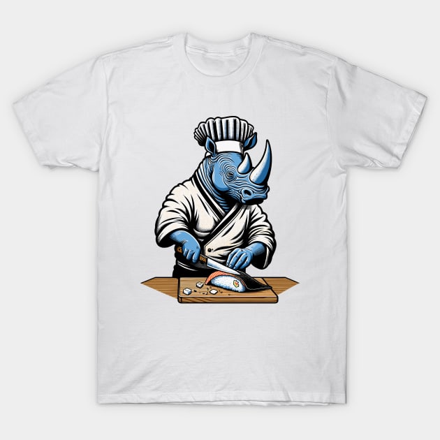 Sushi Master Rhino - Retro Japanese Chef Cartoon T-Shirt by TimeWarpWildlife